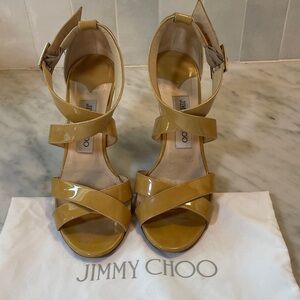 Jimmy Choo Lottie Patent leather tan stiletto sandal heels size 37 6.5